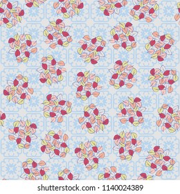 A seamless pattern consisting of heaps of fallen leaves located on a texture background consisting of four-sided, abstract shapes.