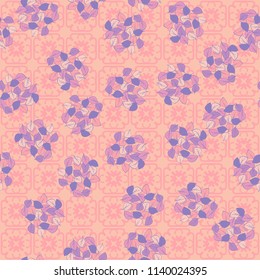 A seamless pattern consisting of heaps of fallen leaves located on a texture background consisting of four-sided, abstract shapes.
