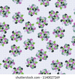 A seamless pattern consisting of heaps of fallen leaves arranged against a texture background consisting of square symbolic flowers.