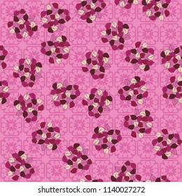 A seamless pattern consisting of heaps of fallen leaves located on a texture background consisting of four-sided, abstract shapes.