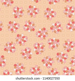 A seamless pattern consisting of heaps of fallen leaves located on a texture background consisting of deformed, smoothed, concentric squares.