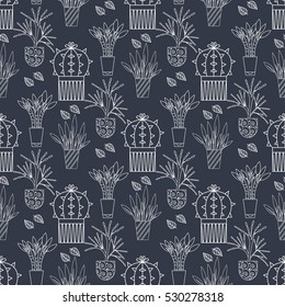 seamless pattern consisting of a home of flowers in pots, bright silhouettes on a dark background