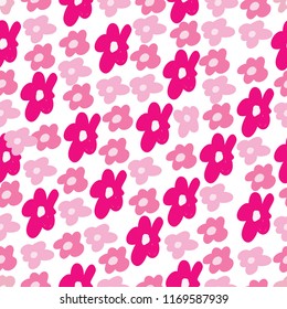 seamless pattern consisting of illustrated flowers in pale pink, pastel pink, and bright pink