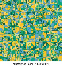 Seamless pattern consisting of intersections of circles, squares and triangles. Optimal colors for interiors.