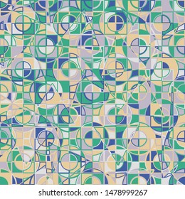 Seamless pattern consisting of intersections of circles, squares and triangles. Optimal colors for interiors.