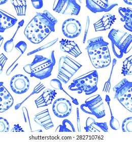 seamless pattern, consisting of items for breakfast, tea, cups, jam, water-color