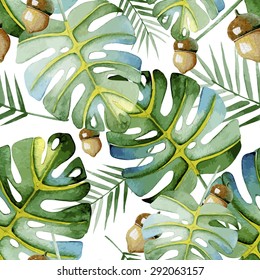 seamless pattern consisting of a large green leaves and twigs and acorns, vegetable mix, watercolor
