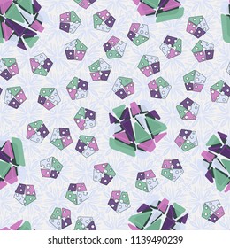 A seamless pattern consisting of large and small pentagons, which are divided into multi-colored fragments. A picture on a background of a texture consisting of four-sided flowers.