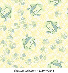 A seamless pattern consisting of large and small pentagons, which are divided into multi-colored fragments. A picture on a background of a texture consisting of four-sided flowers.