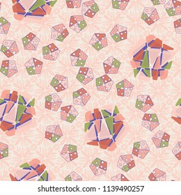 A seamless pattern consisting of large and small pentagons, which are divided into multi-colored fragments. A picture on a background of a texture consisting of four-sided flowers.