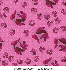 A seamless pattern consisting of large and small pentagons, which are divided into multi-colored fragments. A picture on a background of a texture consisting of abstract flowers and four-pointed stars