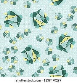 A seamless pattern consisting of large and small pentagons, which are divided into multi-colored fragments. A picture on a background of a texture consisting of abstract flowers and four-pointed stars