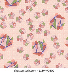 A seamless pattern consisting of large and small pentagons, which are divided into multi-colored fragments. A picture on a background of a texture consisting of abstract flowers and four-pointed stars