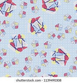 A seamless pattern consisting of large and small pentagons, which are divided into multi-colored fragments. A picture on a background of a texture consisting of abstract flowers and four-pointed stars
