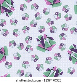 A seamless pattern consisting of large and small pentagons, which are divided into multi-colored fragments. A picture on a background of a texture consisting of abstract flowers and four-pointed stars
