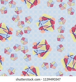 A seamless pattern consisting of large and small pentagons, which are divided into multi-colored fragments. A picture on the background of a texture consisting of abstract quadrilateral elements.