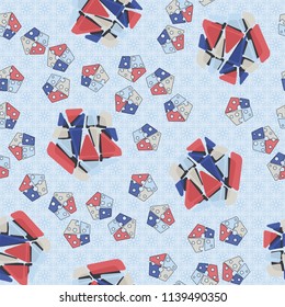 A seamless pattern consisting of large and small pentagons, which are divided into multi-colored fragments. A picture on the background of a texture consisting of abstract quadrilateral elements.