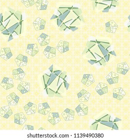 A seamless pattern consisting of large and small pentagons, which are divided into multi-colored fragments. A picture on the background of a texture consisting of abstract quadrilateral elements.