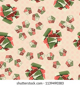 A seamless pattern consisting of large and small pentagons, which are divided into multi-colored fragments. A picture on the background of a texture consisting of abstract quadrilateral elements.
