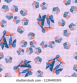 A seamless pattern consisting of large and small pentagons, which are divided into multi-colored fragments. A picture on a background of a texture consisting of squares in which diamonds are inscribed