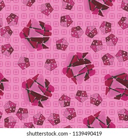 A seamless pattern consisting of large and small pentagons, which are divided into multi-colored fragments. A picture on a background of a texture consisting of squares in which diamonds are inscribed