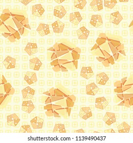 A seamless pattern consisting of large and small pentagons, which are divided into multi-colored fragments. A picture on a background of a texture consisting of squares in which diamonds are inscribed