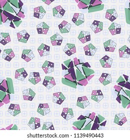 A seamless pattern consisting of large and small pentagons, which are divided into multi-colored fragments. A picture on a background of a texture consisting of squares in which diamonds are inscribed