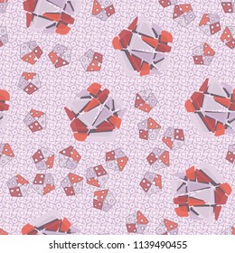 A seamless pattern consisting of large and small pentagons, which are divided into multi-colored fragments. A picture on a background of a texture consisting of four-beam stars and squares.