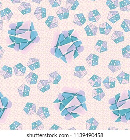 A seamless pattern consisting of large and small pentagons, which are divided into multi-colored fragments. A picture on a background of a texture consisting of four-beam stars and squares.