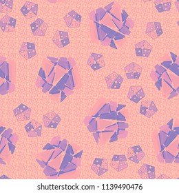 A seamless pattern consisting of large and small pentagons, which are divided into multi-colored fragments. A picture on a background of a texture consisting of four-beam stars and squares.