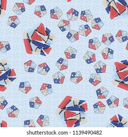 A seamless pattern consisting of large and small pentagons, which are divided into multi-colored fragments. A picture on a background of a texture consisting of four-beam stars and squares.