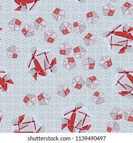 A seamless pattern consisting of large and small pentagons, which are divided into multi-colored fragments. A picture on a background of a texture consisting of four-beam stars and squares.