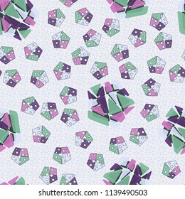 A seamless pattern consisting of large and small pentagons, which are divided into multi-colored fragments. A picture on a background of a texture consisting of four-beam stars and squares.