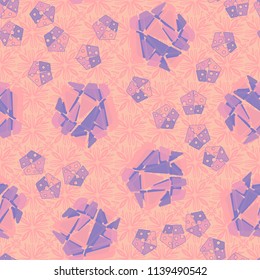A seamless pattern consisting of large and small pentagons, which are divided into multi-colored fragments. A picture on a background of a texture consisting of four-sided flowers.