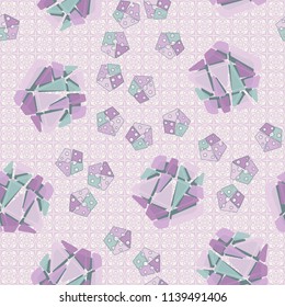 A seamless pattern consisting of large and small pentagons, which are divided into multi-colored fragments. A picture on a background of a texture consisting of abstract flowers and four-pointed stars