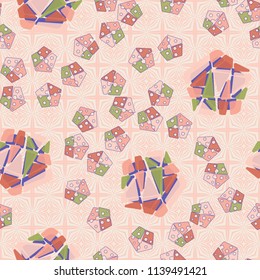 A seamless pattern consisting of large and small pentagons. A picture on a background of a texture consisting of squares into which four-beam stars are framed.