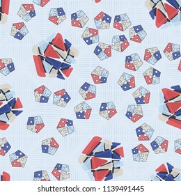A seamless pattern consisting of large and small pentagons, which are divided into multi-colored fragments. A picture on the background of a texture consisting of dotted squares.