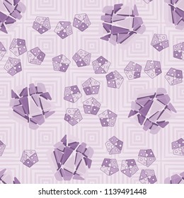 A seamless pattern consisting of large and small pentagons, which are divided into multi-colored fragments. A picture on a texture background consisting of concentric squares.