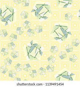 A seamless pattern consisting of large and small pentagons, which are divided into multi-colored fragments. A picture on the background of a texture consisting of vibrating squares.