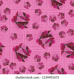 A seamless pattern consisting of large and small pentagons, which are divided into multi-colored fragments. A picture on a texture background consisting of concentric squares.