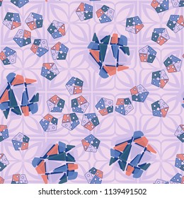 A seamless pattern consisting of large and small pentagons, which are divided into multi-colored fragments. A picture on a background of a texture consisting of four-petalled symbolic flowers.