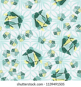 A seamless pattern consisting of large and small pentagons, which are divided into multi-colored fragments. A picture on a background of a texture consisting of four-petalled symbolic flowers.