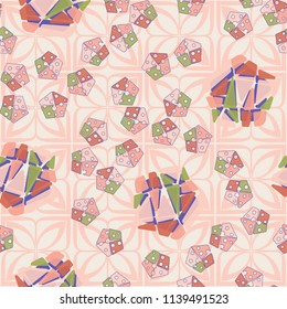 A seamless pattern consisting of large and small pentagons, which are divided into multi-colored fragments. A picture on a background of a texture consisting of four-petalled symbolic flowers.