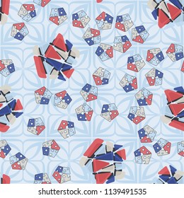 A seamless pattern consisting of large and small pentagons, which are divided into multi-colored fragments. A picture on a background of a texture consisting of four-petalled symbolic flowers.