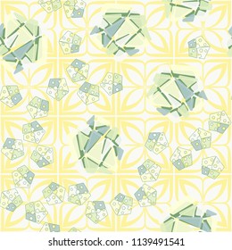 A seamless pattern consisting of large and small pentagons, which are divided into multi-colored fragments. A picture on a background of a texture consisting of four-petalled symbolic flowers.