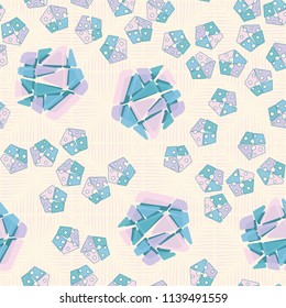 A seamless pattern consisting of large and small pentagons, which are divided into multi-colored fragments. A picture on the background of a texture consisting of dotted squares.
