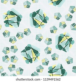 A seamless pattern consisting of large and small pentagons, which are divided into multi-colored fragments. A picture on the background of a texture consisting of dotted squares.
