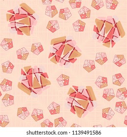 A seamless pattern consisting of large and small pentagons, which are divided into multi-colored fragments. A picture on the background of a texture consisting of dotted squares.