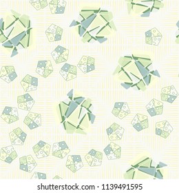 A seamless pattern consisting of large and small pentagons, which are divided into multi-colored fragments. A picture on the background of a texture consisting of dotted squares.