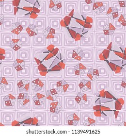 A seamless pattern consisting of large and small pentagons, which are divided into multi-colored fragments. A picture on the background of a texture consisting of vibrating squares.